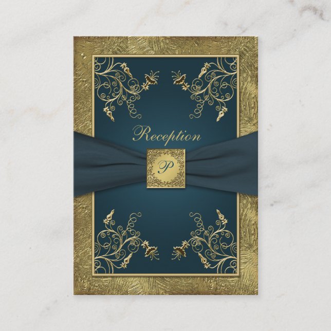 Teal, FAUX Gold, Floral Wedding Enclosure Card (Front)