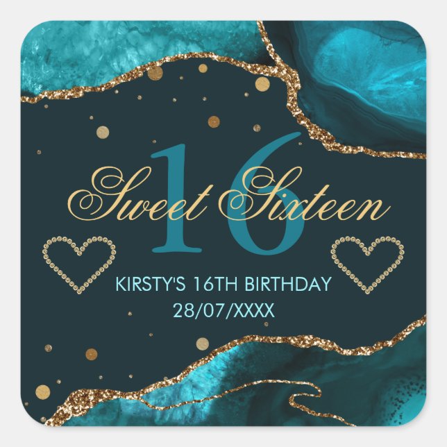 Teal & Faux Gold Glitter Agate Sweet 16 Square Sticker (Front)