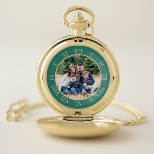 Teal  Faux Gold Roman Numbers Custom Photo Pocket Watch