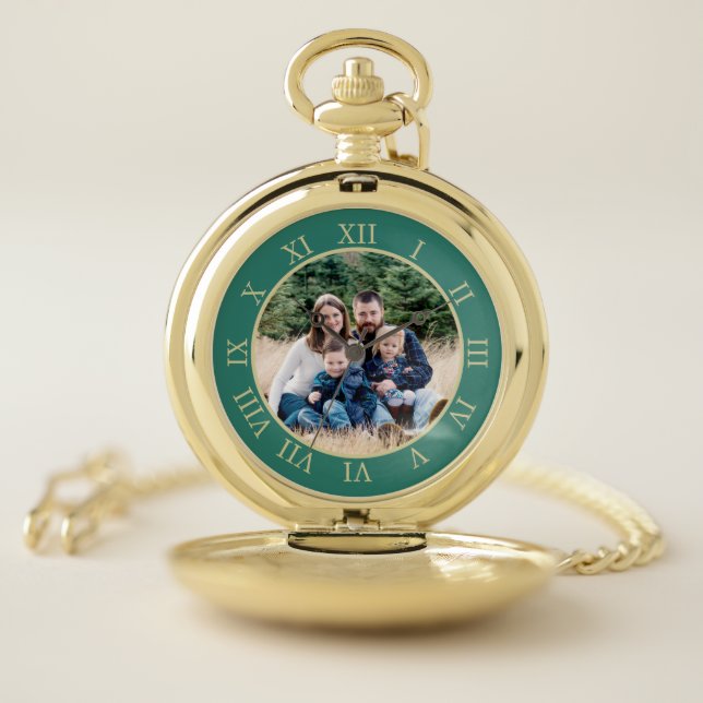 Teal & Faux Gold Roman Numbers Custom Photo Pocket Watch (Inside)