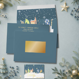 Teal & Faux Gold Snowy Village Holiday Card Match Envelope