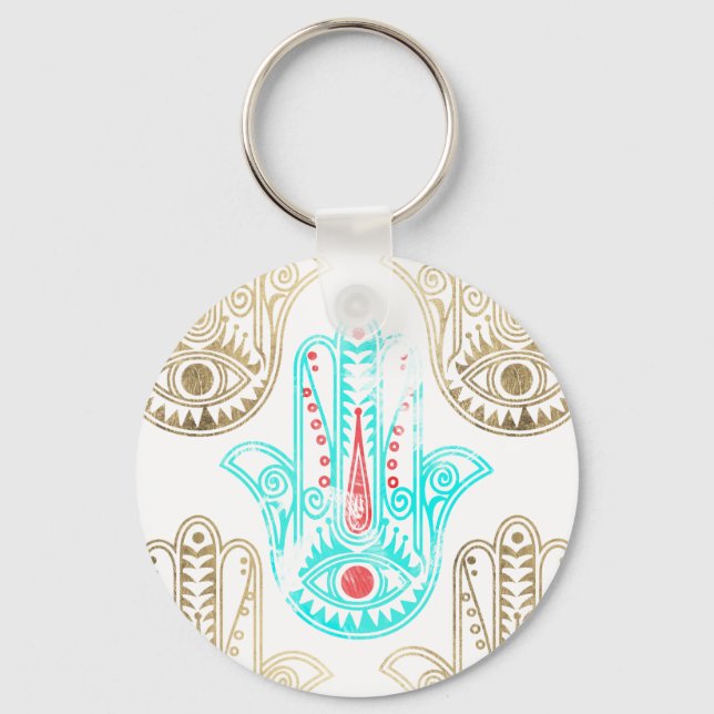 Teal faux gold watercolor Hamsa Hand of Fatima Keychain (Front)