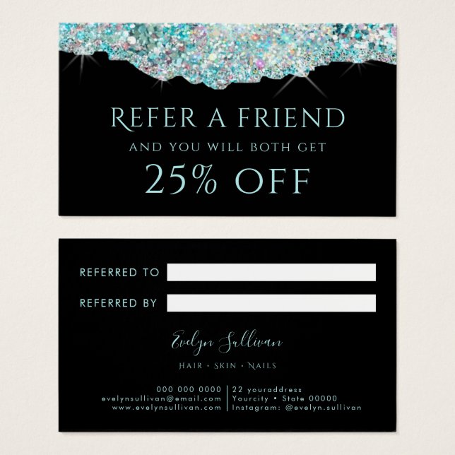 Teal faux iridescent glitter referral card (Front & Back)