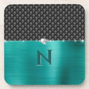 Teal Faux Metal Glam Upholstery and Monogram Beverage Coaster