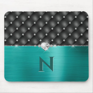 Teal Faux Metal Glam Upholstery and Monogram Mouse Mouse Pad