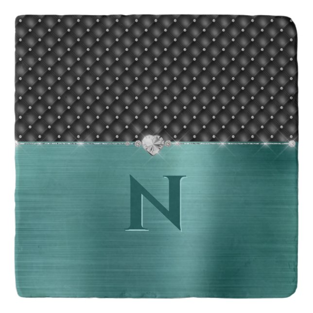 Teal Faux Metal Glam Upholstery and Monogram Trivet (Front)