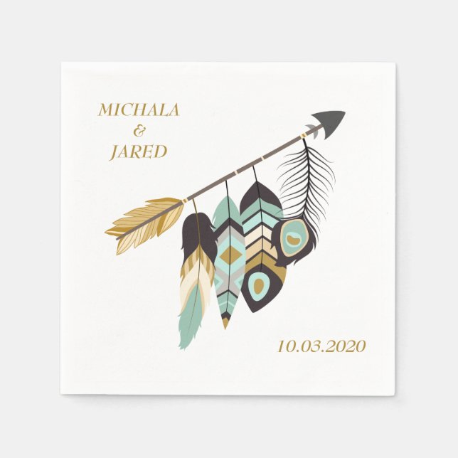 Teal Feather Arrow Wedding Paper Napkins (Front)