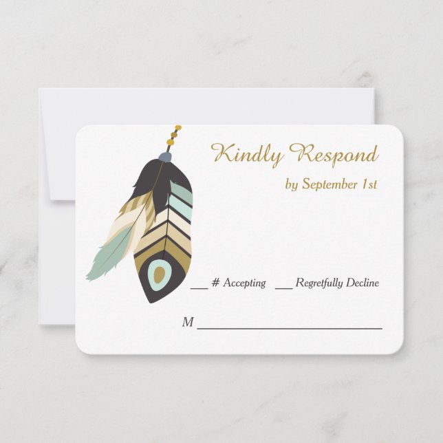 Teal Feather Dreamcatcher Wedding RSVP Card (Front)