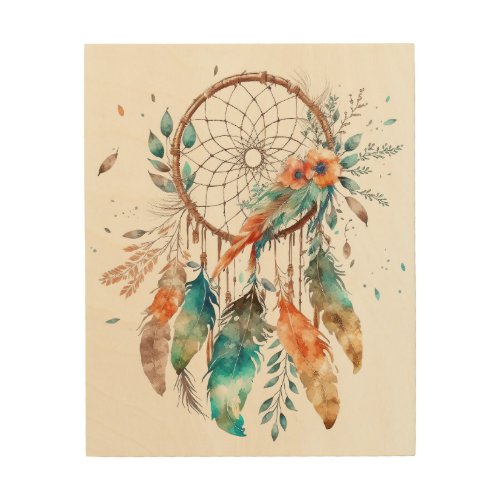 Teal Feather Flower Watercolor Dreamcatcher Wood Wall Art