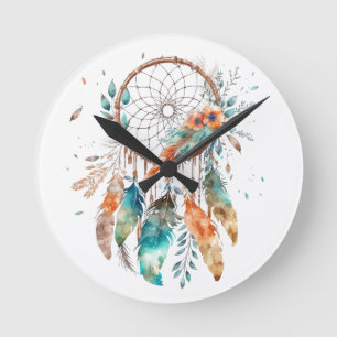 Teal Feather Watercolor Dreamcatcher Round Clock