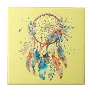 Teal Feather Yellow Watercolor Dreamcatcher Ceramic Tile