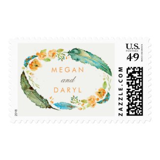 Teal Feathers Bohemian Wedding Postage Stamps at UniqueRusticWeddingInvitations.com