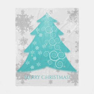 Teal Festive Christmas Tree Fleece Blanket