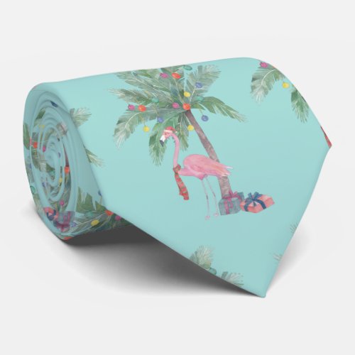 Teal Flamingo In Santa Hat with Palm Tree  Lights Neck Tie