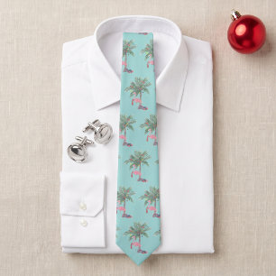 Teal Flamingo In Santa Hat with Palm Tree & Lights Neck Tie