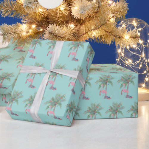 Teal Flamingo In Santa Hat with Palm Tree  Lights Wrapping Paper