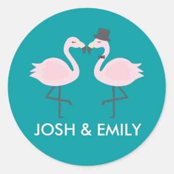 Teal Flamingo Wedding Bride & Groom Pair Classic Round Sticker by Popcornparty at Zazzle
