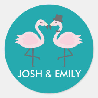 Teal Flamingo Wedding Bride & Groom Pair Classic Round Sticker