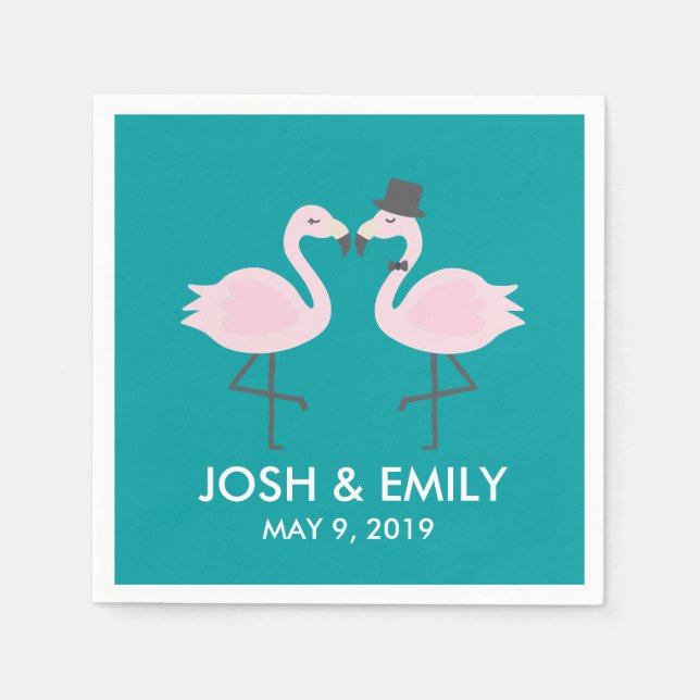 Teal Flamingo Wedding Bride & Groom Pair Paper Napkins (Front)