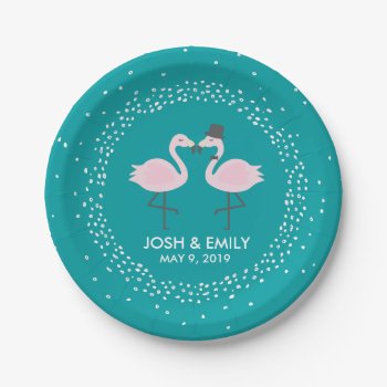 Teal Flamingo Wedding Bride & Groom Pair Paper Plates by Popcornparty at Zazzle