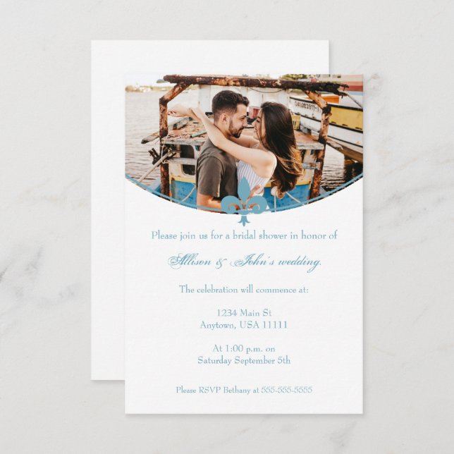 Teal Fleur de Lis Photo Bridal Shower Invite (Front/Back)