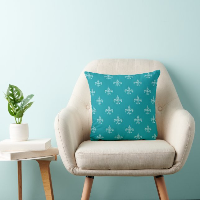Teal Fleur de Lis Throw Pillow (Chair)