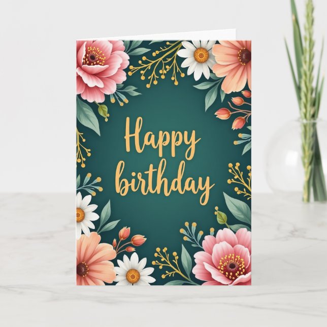 Teal Flora Birthday Card (Front)