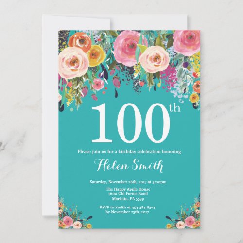 Teal Floral 100th Birthday Invitation