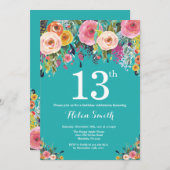 Teal Floral 13th Birthday Invitation (Front/Back)