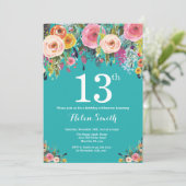 Teal Floral 13th Birthday Invitation (Standing Front)