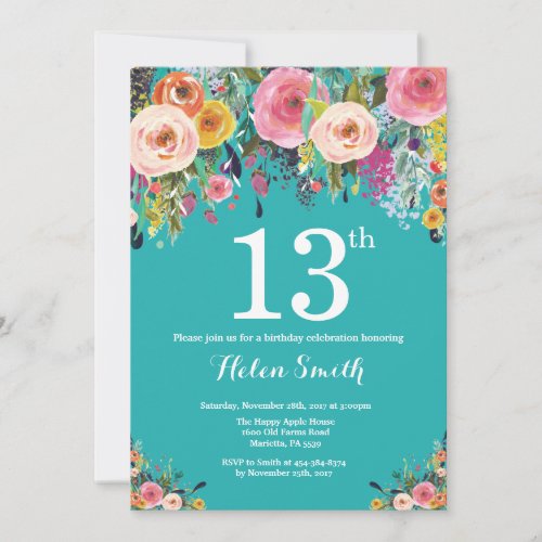 Teal Floral 13th Birthday Invitation