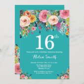 Teal Floral 16th Birthday Invitation (Front/Back)