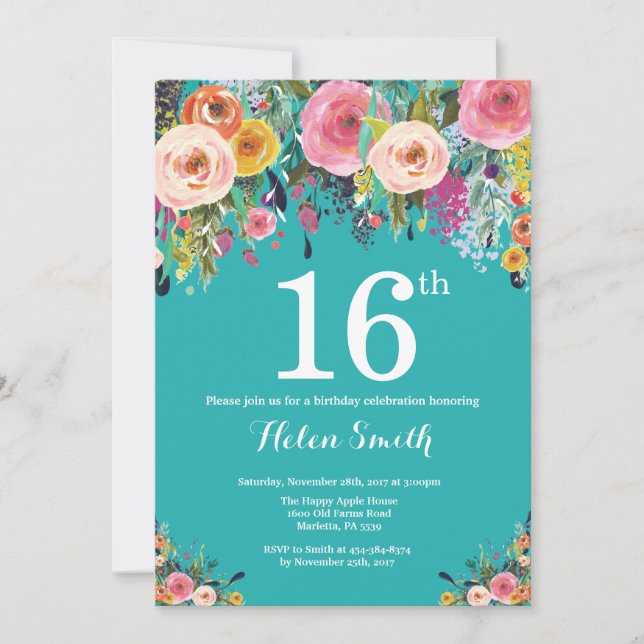 Teal Floral 16th Birthday Invitation (Front)