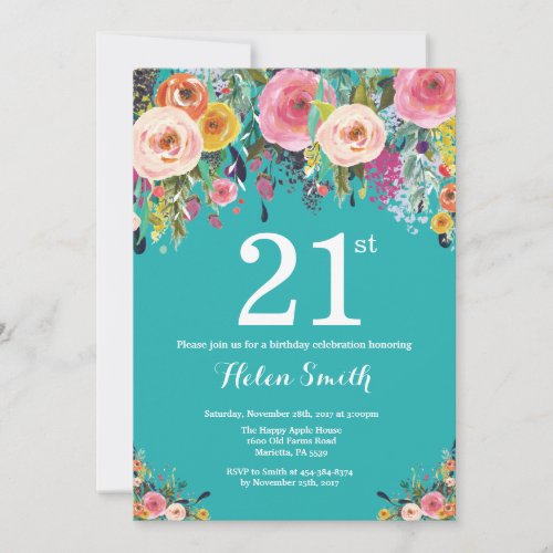 Teal Floral 21st Birthday Invitation