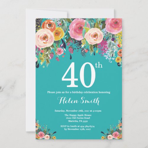 Teal Floral 40th Birthday Invitation