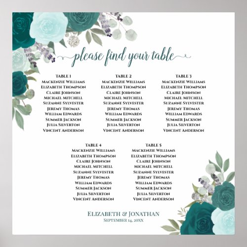 Teal Floral 5 Table Elegant Wedding Seating Chart