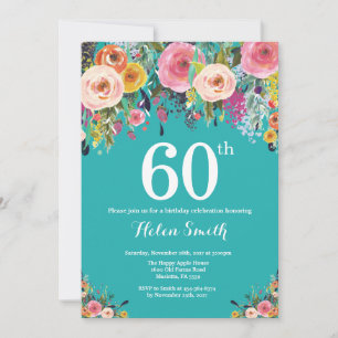 Teal Floral 60th Birthday Invitation