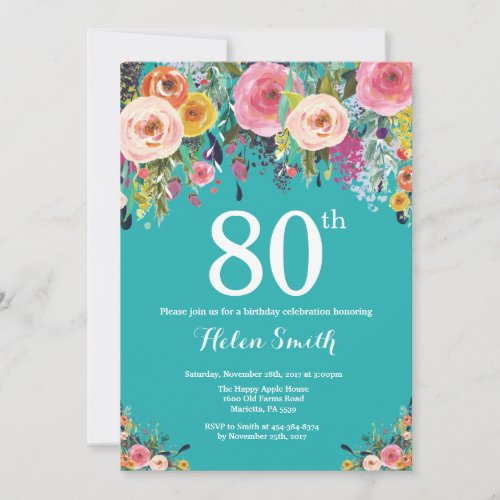 Teal Floral 80th Birthday Invitation