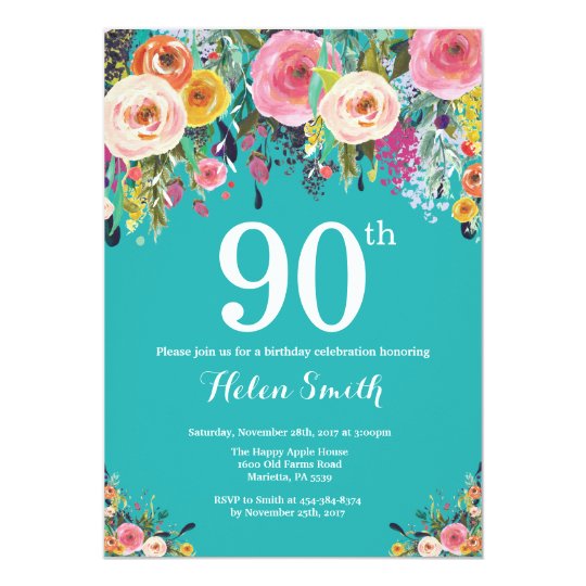 Teal Floral 90th birthday Birthday Invitation | Zazzle.com