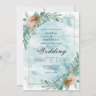 Teal Floral Accent Romantic Wedding Invitation