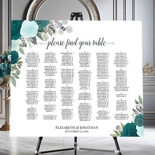 Teal Floral Alphabetical Wedding Seating Chart Foam Board (On Stand)
