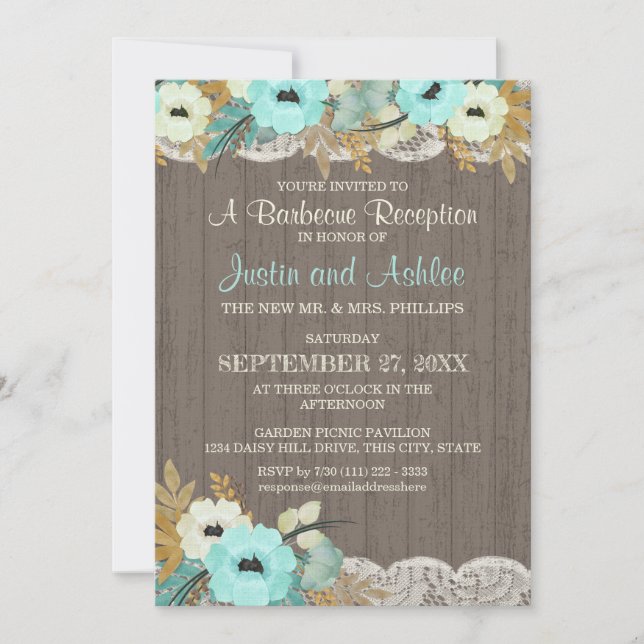 Teal Floral and Lace Rustic BBQ Wedding Reception Invitation (Front)