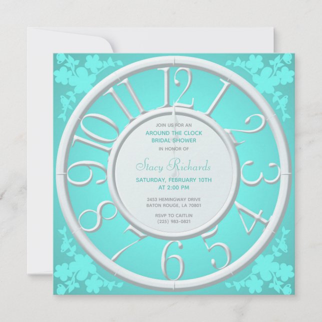 Teal Floral Around the Clock Bridal Shower Invite (Front)