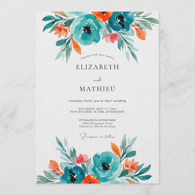 Teal Floral Artistic Bloom Wedding Invitation (Front)