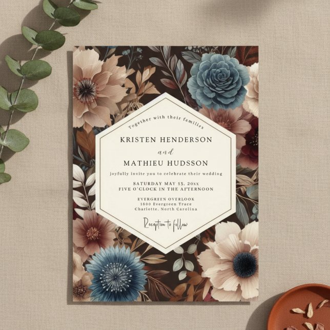 Teal Floral Autumn Romance Wedding Invitation (Creator Uploaded)
