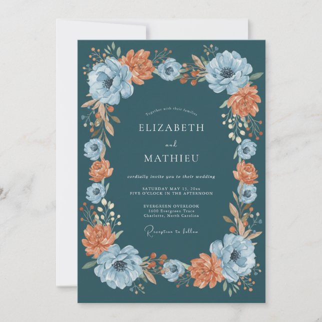 Teal Floral Autumnal Wedding Invitation (Front)