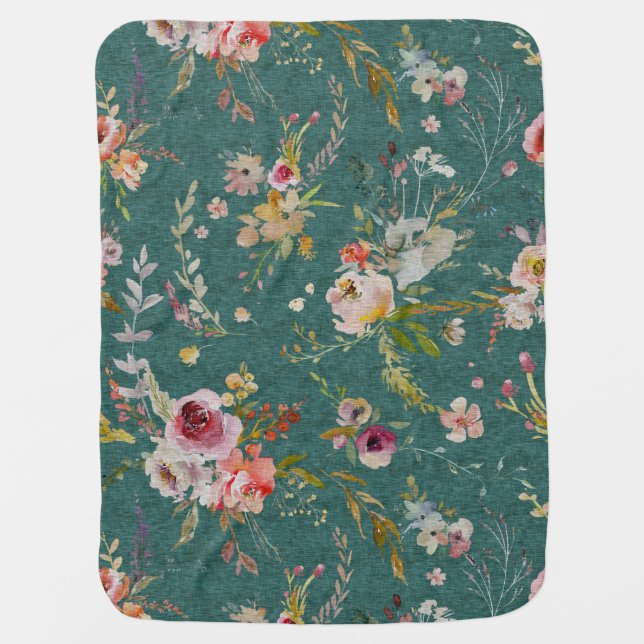 Teal Floral Baby Blanket (Front)