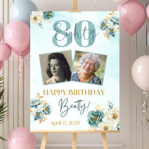 Teal Floral Birthday Welcome Sign, 80th Birthday Foam Board