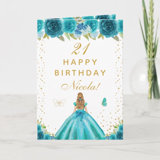 Teal Floral Blonde Hair Girl Birthday Card (Front)
