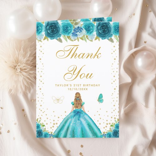 Teal Floral Blonde Hair Girl Birthday Party Thank You Card